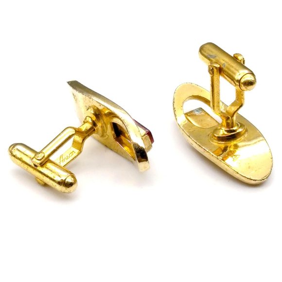Elongated Hickok Cuff Links, Swanky Vintage Gold Tone Oval with Long Red Rectang - Picture 3 of 3